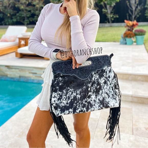 Handbags - 🖤 Tooled Leather Cowhide Fringe clutch crossbody
